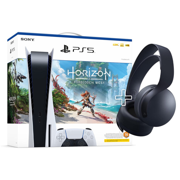 سوني PlayStation 5 النسخة القياسية + سماعات PS5 لاسلكية أسود مع قسيمة لعبة Horizon Forbidden West